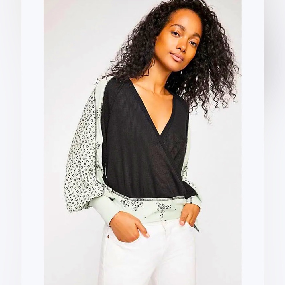 Free People Auxton Top Black Green Thermal Wrap BOHO Side Tie Size S
